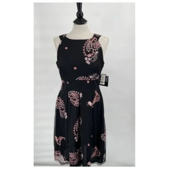 Nine West Dress  Black Floral Embroidered Paisley‎ Whimsigoth Fairy Witch Size 8 - Picture 4 of 10